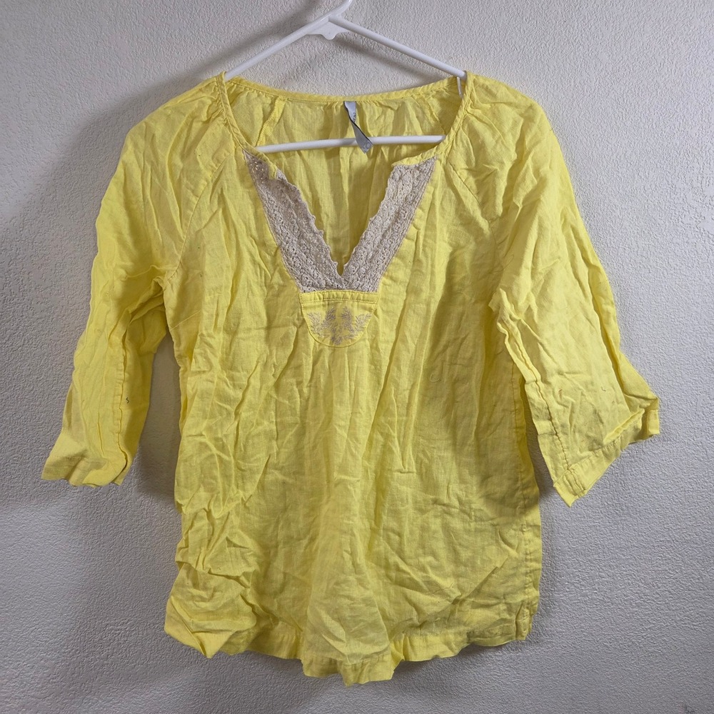 Old Navy Womens Small Yellow Linen Blend Crochet Trim Boho Peasant Top 3/4 Slv